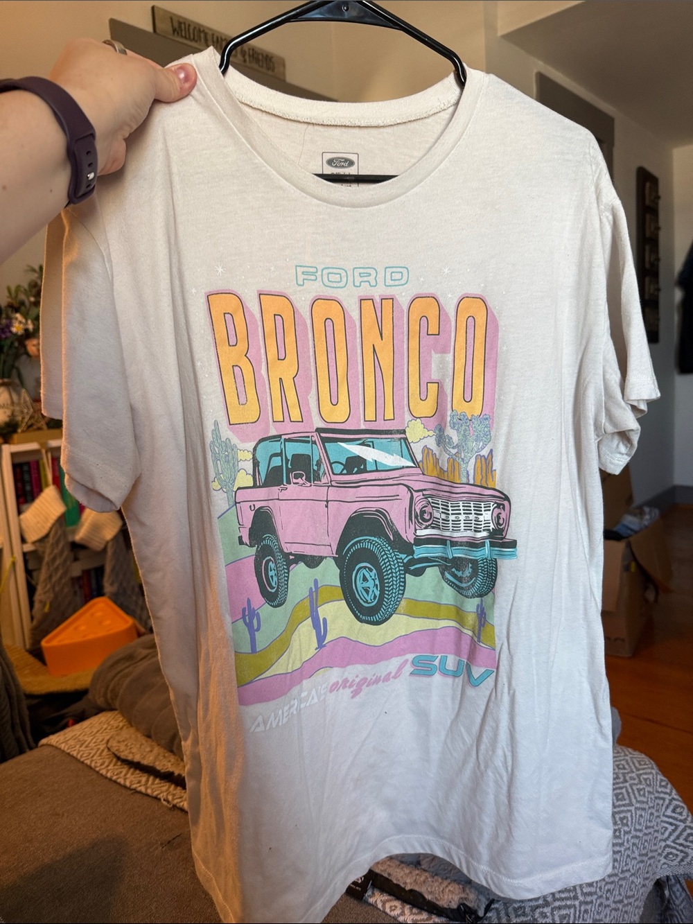 Ford White Tee with Pink Bronco and Teal Accents